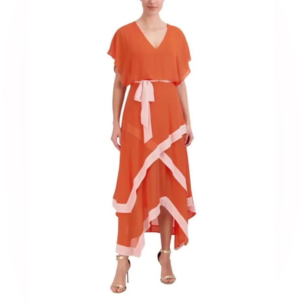 BCBGMAXAZRIA Women's V Neck Short‎ Sleeve Flowy Maxi Tiered Handkerchief dress 4